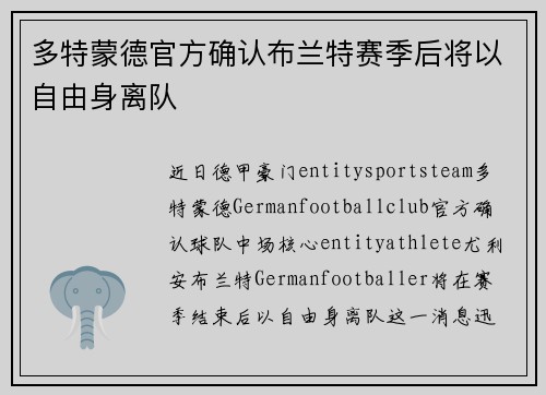 多特蒙德官方确认布兰特赛季后将以自由身离队