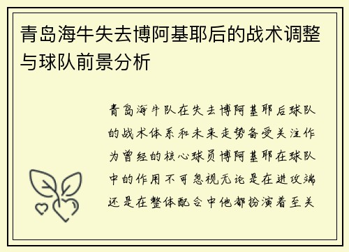 青岛海牛失去博阿基耶后的战术调整与球队前景分析